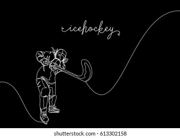 White One Line Drawing or Continuous Line Drawing of Ice hockey Player with black background
