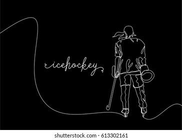 White One Line Drawing or Continuous Line Drawing of Ice hockey Player with black background
