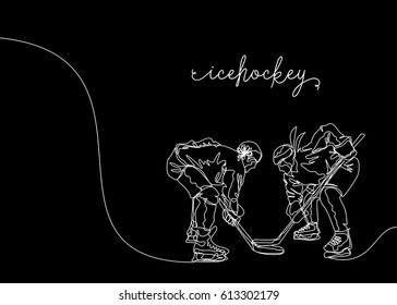 White One Line Drawing or Continuous Line Drawing of Ice hockey Player with black background
