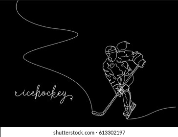 White One Line Drawing or Continuous Line Drawing of Ice hockey Player with black background
