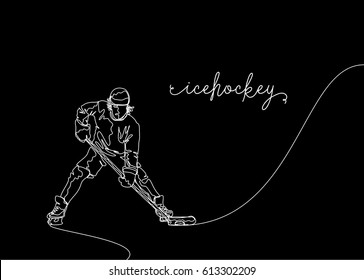 White One Line Drawing or Continuous Line Drawing of Ice hockey Player with black background

