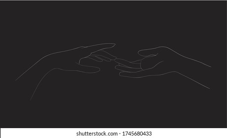 A white one line vector illustration of two hands barely touching one another. It's simple and beautiful illustration of love.