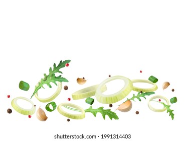 White onion and green onion rings. Garlic and arugula. Vector illustration isolated on white background.