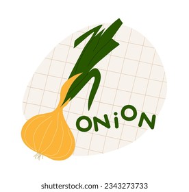 White onion vector illustration and text “onion” on a neutral background. Fresh vegetable in flat cartoon style. Nutritious raw local products. Label for sticker, packaging or advertising.