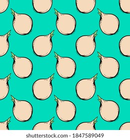 Cebollas blancas, patrón sin costuras sobre fondo verde de menta.