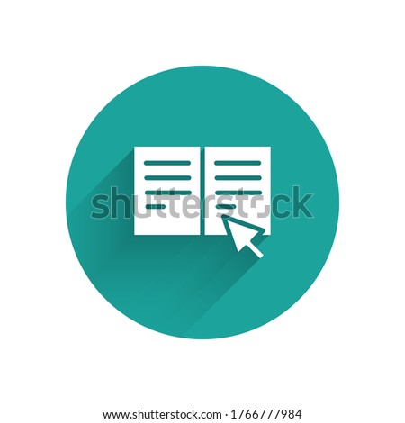 White Online book icon isolated with long shadow. Internet education concept, e-learning resources, distant online courses. Green circle button. Vector Illustration