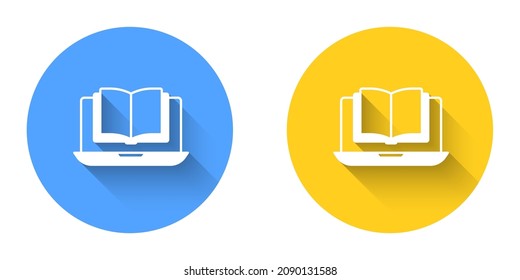 White Online class icon isolated with long shadow background. Online education concept. Circle button. Vector