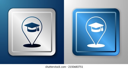 White Online education and graduation icon isolated on blue and grey background. Online teacher on monitor. Webinar and video seminar learning. Silver and blue square button. Vector
