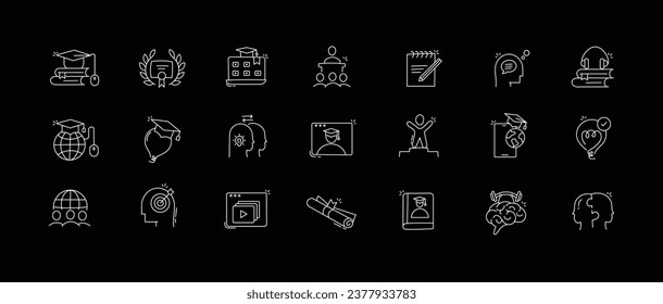 White Online Learning Icons for Dark Backgrounds. The icons are simple yet effective and can be used in a variety of contexts such as e-learning platforms, and education technology products. svg