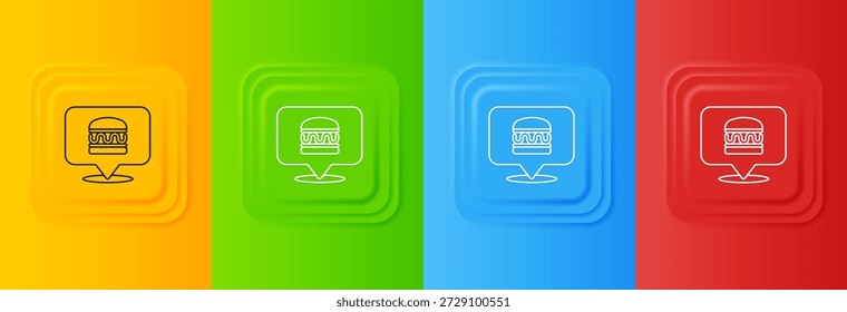 Weiße Online-Bestellung und Burger-Liefersymbol einzeln auf buntem Hintergrund. Setzen Sie Symbole in quadratischen Schaltflächen. Vektorgrafik