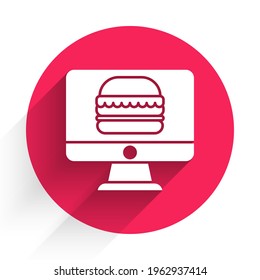 White Online ordering and fast food delivery icon isolated with long shadow. Red circle button. Vector Illustration