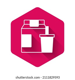 White Online ordering and fast food delivery icon isolated with long shadow background. Pink hexagon button. Vector