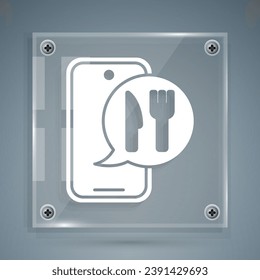 White Online ordering and fast food delivery icon isolated on grey background. Burger sign. Square glass panels. Vector