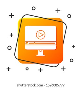 White Online play video icon isolated on white background. Computer monitor and film strip with play sign. Orange square button. Vector Illustration