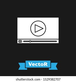 White Online play video icon isolated on black background. Film strip with play sign. Vector Illustration White Online play video icon isolated on black background. Film strip with play sign. Vector Illustration