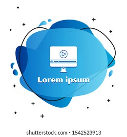 White Online play video icon isolated on white background. Computer monitor and film strip with play sign. Abstract banner with liquid shapes. Vector Illustration