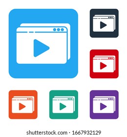 White Online play video icon isolated on white background. Film strip with play sign. Set icons in color square buttons. Vector Illustration