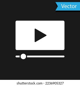 White Online play video icon isolated on black background. Film strip with play sign.  Vector