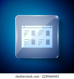 White Online play video icon isolated on blue background. Film strip with play sign. Square glass panels. Vector Illustration