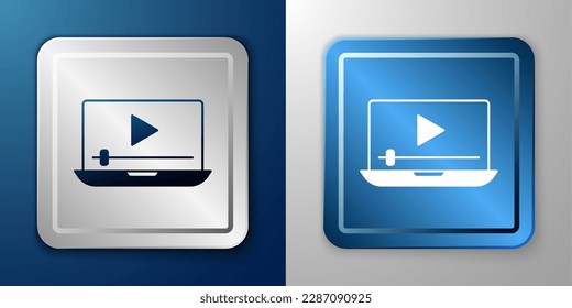 White Online play video icon isolated on blue and grey background. Laptop and film strip with play sign. Silver and blue square button. Vector
