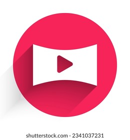 White Online play video icon isolated with long shadow. Film strip with play sign. Red circle button. Vector Illustration