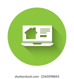 White Online real estate house on laptop icon isolated with long shadow. Home loan concept, rent, buy, buying a property. Green circle button. Vector Illustration