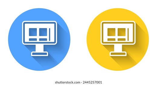 White Online shopping on screen icon isolated with long shadow background. Concept e-commerce, e-business, online business marketing. Circle button. Vector
