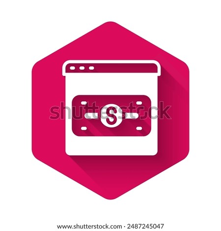 White Online shopping on screen icon isolated with long shadow background. Concept e-commerce, e-business, online business marketing. Pink hexagon button. Vector