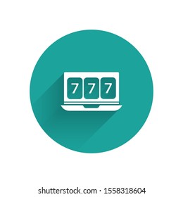 White Online slot machine with lucky sevens jackpot icon isolated with long shadow. Online casino. Green circle button. Vector Illustration