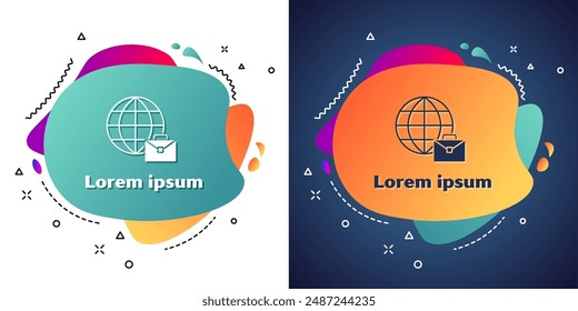 Blanco Icono de trabajo en línea aislado sobre fondo blanco y azul. Hombre freelancer trabajando en una laptop en su casa. Trabajo a distancia. Concepto de trabajo distante. Anuncio Abstractas con Formas líquidas. Vector