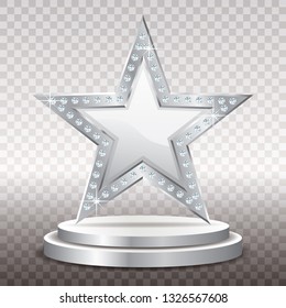 white opal silver star with diamonds on silver podium, vector template for cosmetics, show business or something else