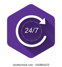 White Open 24 hours a day and 7 days a week icon isolated with long shadow. All day cyclic icon. Purple hexagon button. Vector Illustration