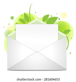 White open blank envelope with paper and floral green background.Product Packing Vector EPS10