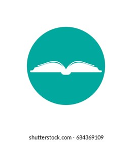 White Open book in blue circle isolated on white background. Knowledge flat icon. Vector illustration.  Reading logo. Reading book pictogram. 