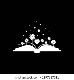 White open book with flowers on black background. Flat reading icon. Vector illustration. Idea logo. Inspiration pictogram. Power of knowledge and education sign.