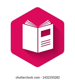 White Open book icon isolated with long shadow. Pink hexagon button. Vector Illustration