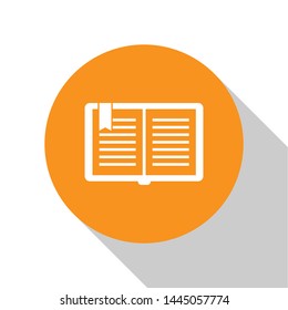 White Open book icon isolated on white background. Orange circle button. Vector Illustration