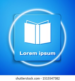 White Open book icon isolated on blue background. Blue square button. Vector Illustration