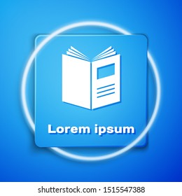White Open book icon isolated on blue background. Blue square button. Vector Illustration
