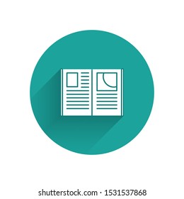 White Open book icon isolated with long shadow. Green circle button. Vector Illustration