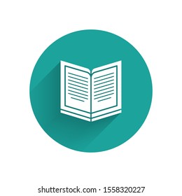 White Open book icon isolated with long shadow. Green circle button. Vector Illustration