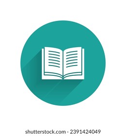 White Open book icon isolated with long shadow. Green circle button. Vector Illustration