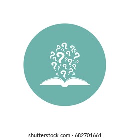 White open book with many white question marks in blue circle. Isolated on white background. Flat vector reading icon. Unknown book pictogram. Ask symbol. Curiosity logo.