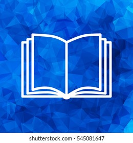 white open book vector icon on a blue triangular polygonal background