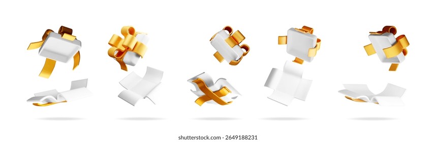 White open box with gold ribbon floating. Set of delivery, unpack or prize concept. 3d vector stock illustration for celebration, holiday.