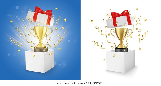Caja blanca abierta con trofeo dorado, explosión serpentina y confetti, ilustración aislada vectorial. Cajero de regalo para pancartas, afiches, etc.