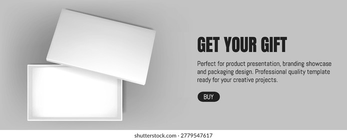 White open box with lid mockup. 3d gift package top view. Rectangle cardboard present template vector banner. Elegant carton inside realistic illustration. Mystery pack wrap for makeup cosmetic.