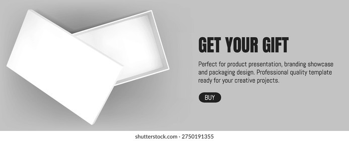 White open box mockup top view. 3d empty gift package on banner. Black cardboard shoebox illustration. Chocolate present or cosmetic for makeup realistic carton case concept template on background.