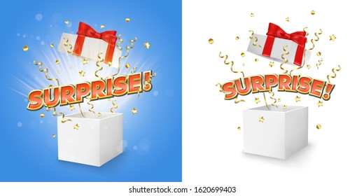 White open box with Surprise word, gold serpentine and confetti explosion, vector isolated illustration. Surprise gift box for banner, poster etc.