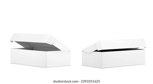 White open cardboard box mockup. Realistic vector illustration set of blank carton package for delivery or gift concept. Rectangular paper pack mock up for corporate and brand presentation.